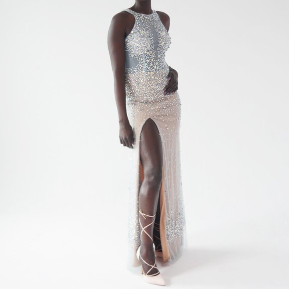 Glamour By Terani – Halted Beaded Dress with Slit - Picture 1 of 2